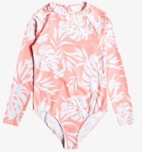 NWT Roxy Coral and White Tropical Long-Sleeve Rash Guard Swimsuit, Size 8